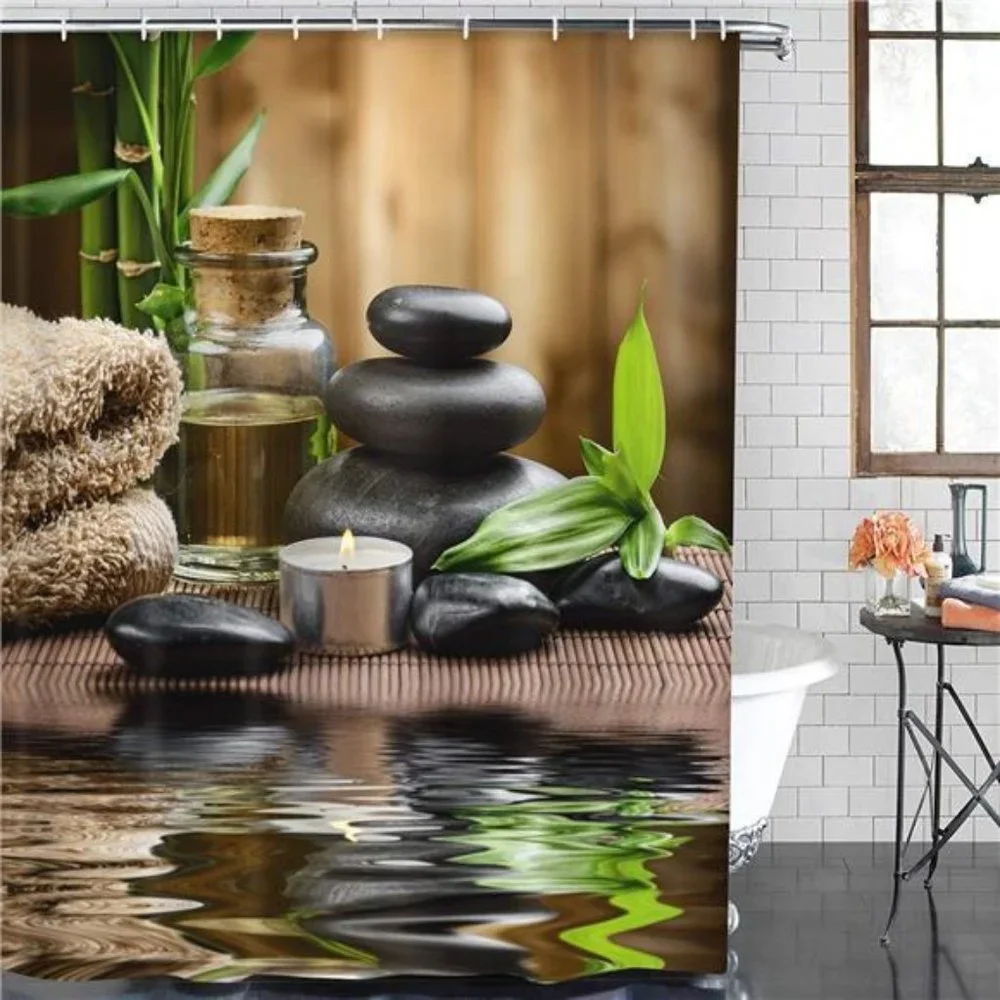 4 Pcs Shower Curtain Set Stones spa Oil Wood Massage Relax Candle ayurvedic